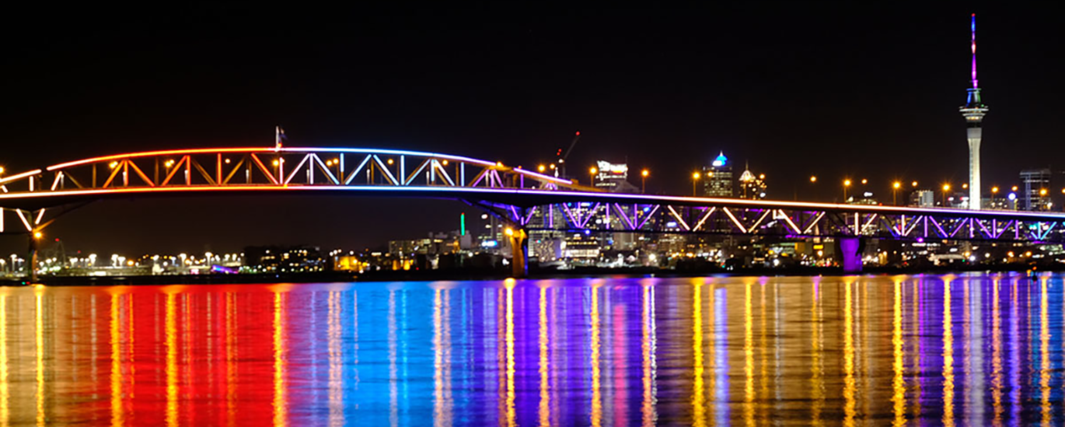Architectural lighting illuminating the Auckland Bridge